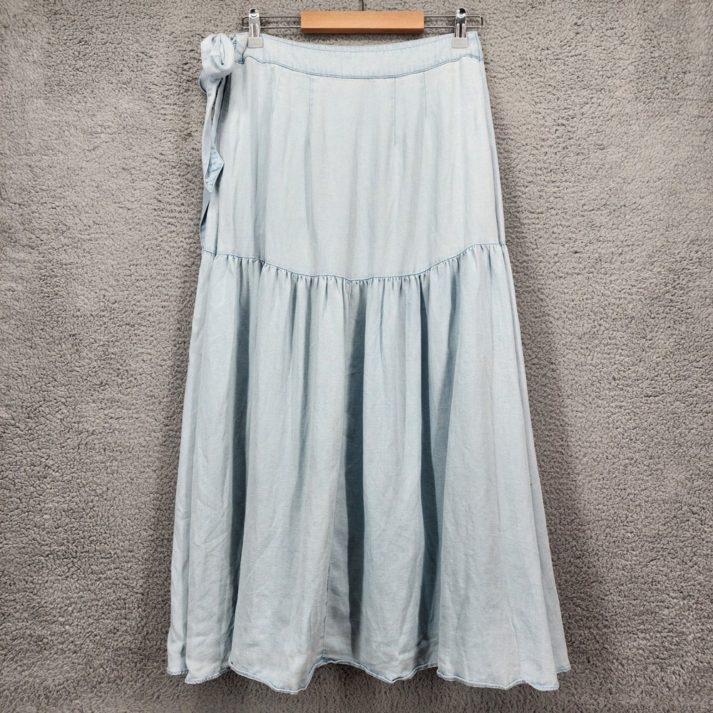 LOFT Light Wash Blue Lyocell Linen Blend Ruffle Faux-Wrap Midi Skirt Size 0 - Picture 4 of 9